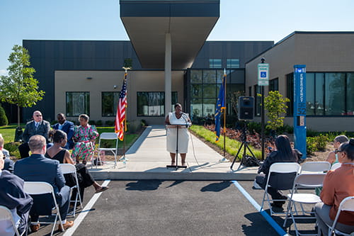 opening ceremony of the forensic pathology building outside on a sunny day