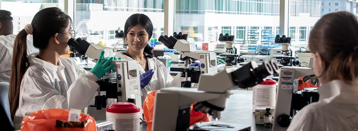 A group of students in lab coats work together at microscopes in a bright, modern laboratory. One student smiles as she interacts with her classmates, creating a collaborative and engaging atmosphere. Large windows in the background provide natural light, illuminating the lab filled with scientific equipment and supplies.
