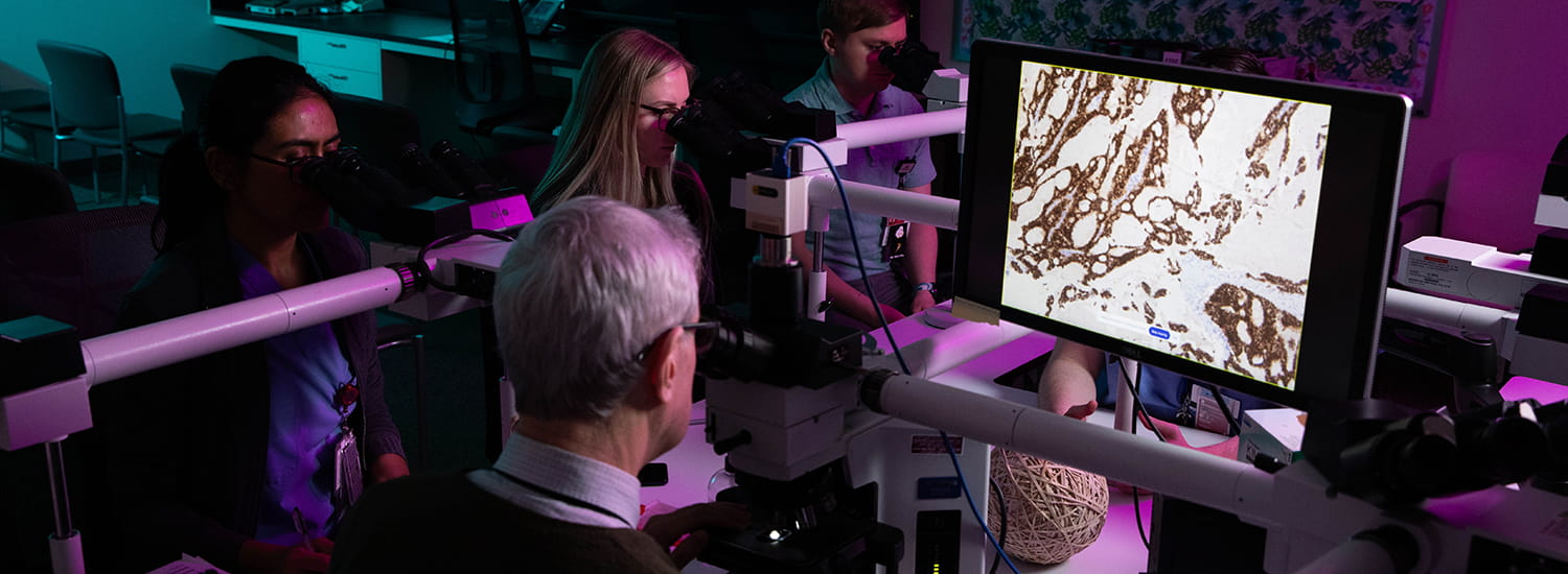 Students and faculty gather in a darkened lab, focused on high-resolution images displayed on microscopes and a large monitor. The image captures an immersive pathology study session.
