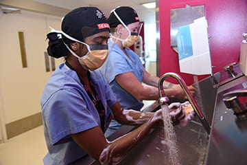 OBGYN MD training scrubbing in