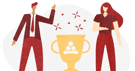 an illustration of a man and woman standing with a trophy between them